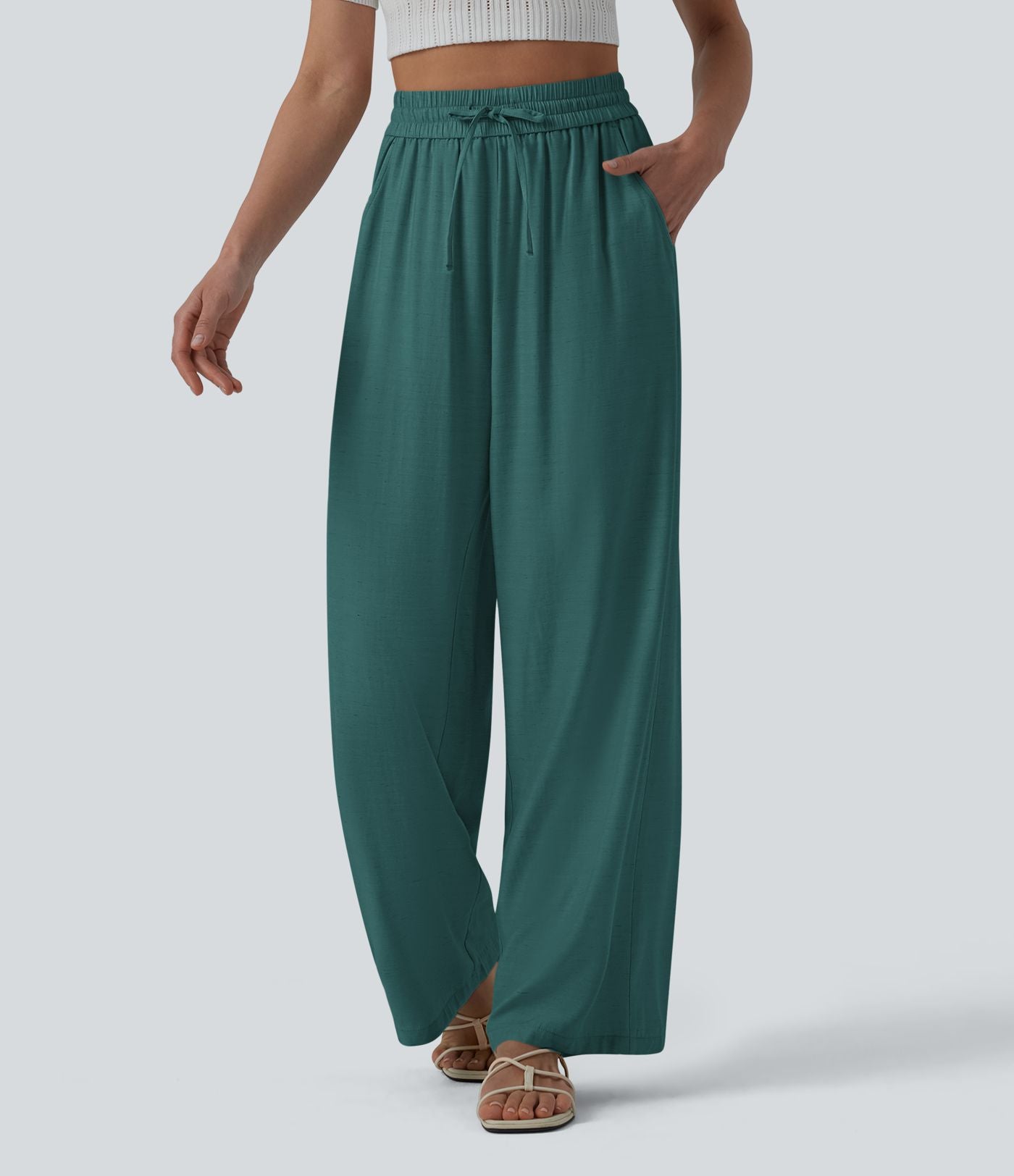 Pantalon casual large fluide mélange lin taille haute avec cordon de serrage et poches