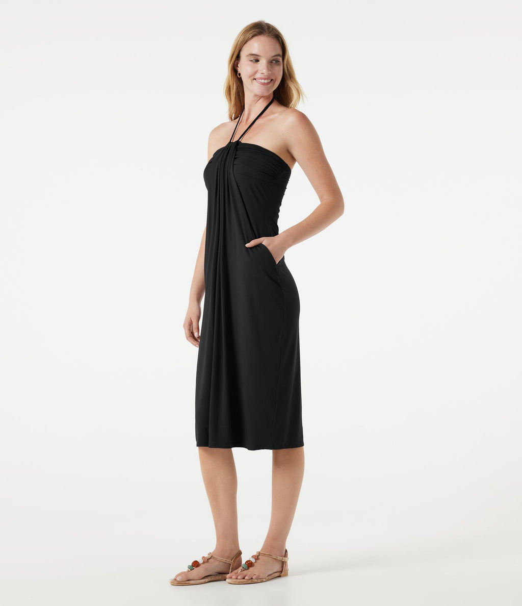 Robe midi dos nu à col halter avec lien noué au dos et poches