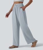 Pantalon casual large fluide mélange lin taille haute avec cordon de serrage et poches