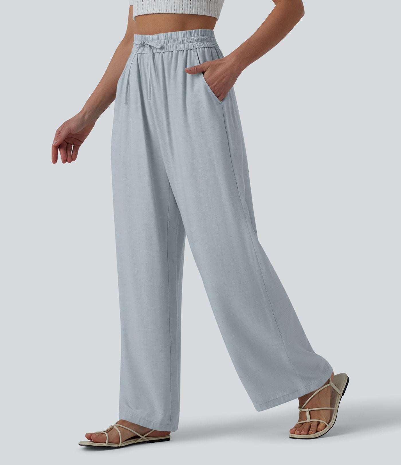 Pantalon casual large fluide mélange lin taille haute avec cordon de serrage et poches