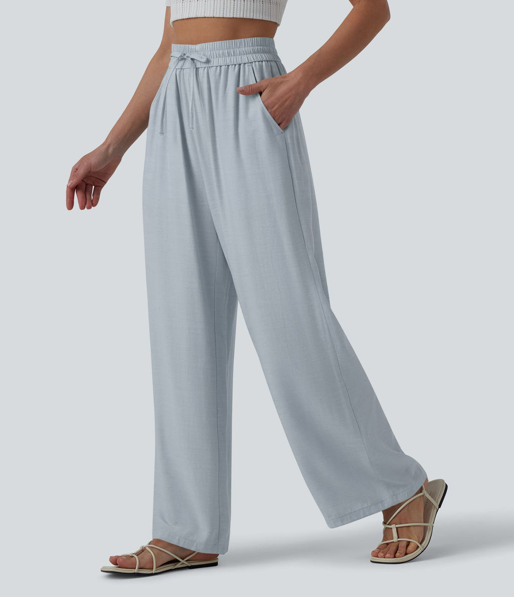 Pantalon casual large mélange lin taille haute avec cordon de serrage et poches