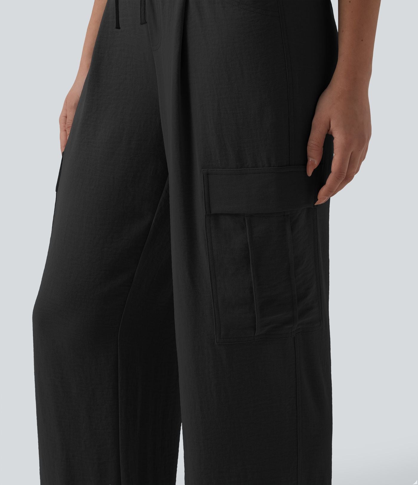 Pantalon cargo casual coupe droite taille mi-haute aspect lin à cordon de serrage avec poches