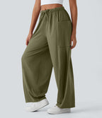 Pantalon Large Fluide Taille Mi-Haute Taille Élastique Cordon Poches Latérales Ourlet Flottant