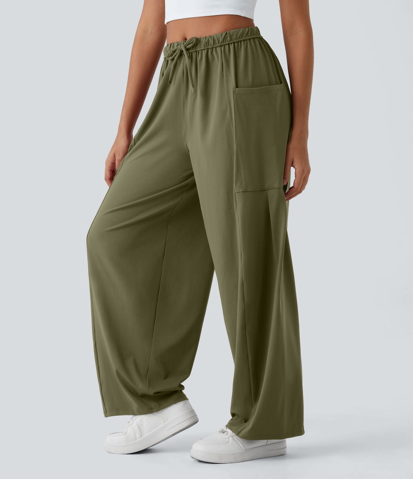 Pantalon Large Fluide Taille Mi-Haute Taille Élastique Cordon Poches Latérales Ourlet Flottant