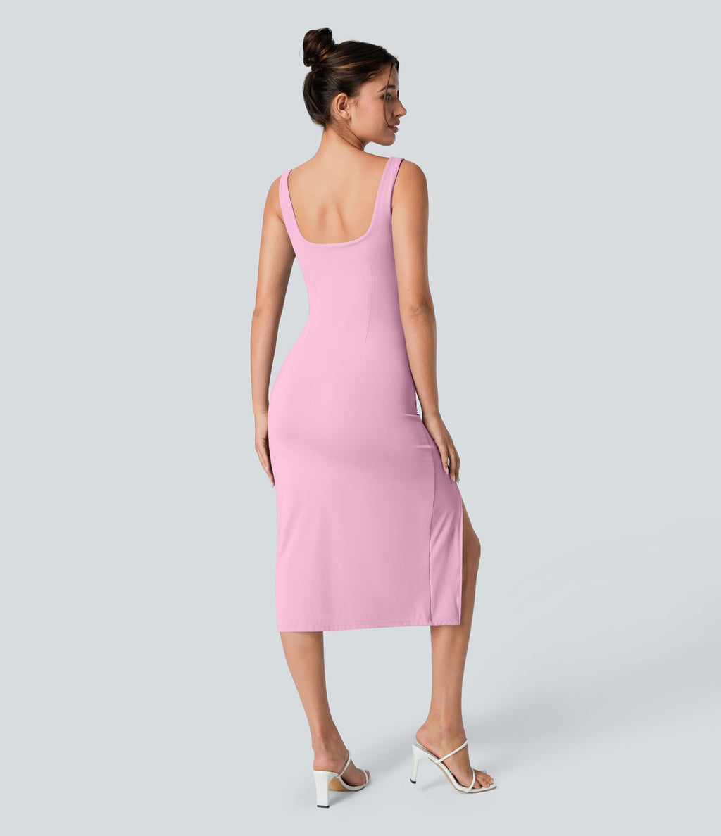 Robe corset midi moulante ruchée à encolure carrée, dos nu, brassière intégrée