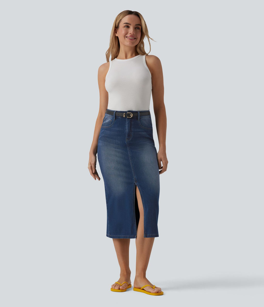 Halara Flex™ Jupe droite midi en denim taille haute avec fente et poches