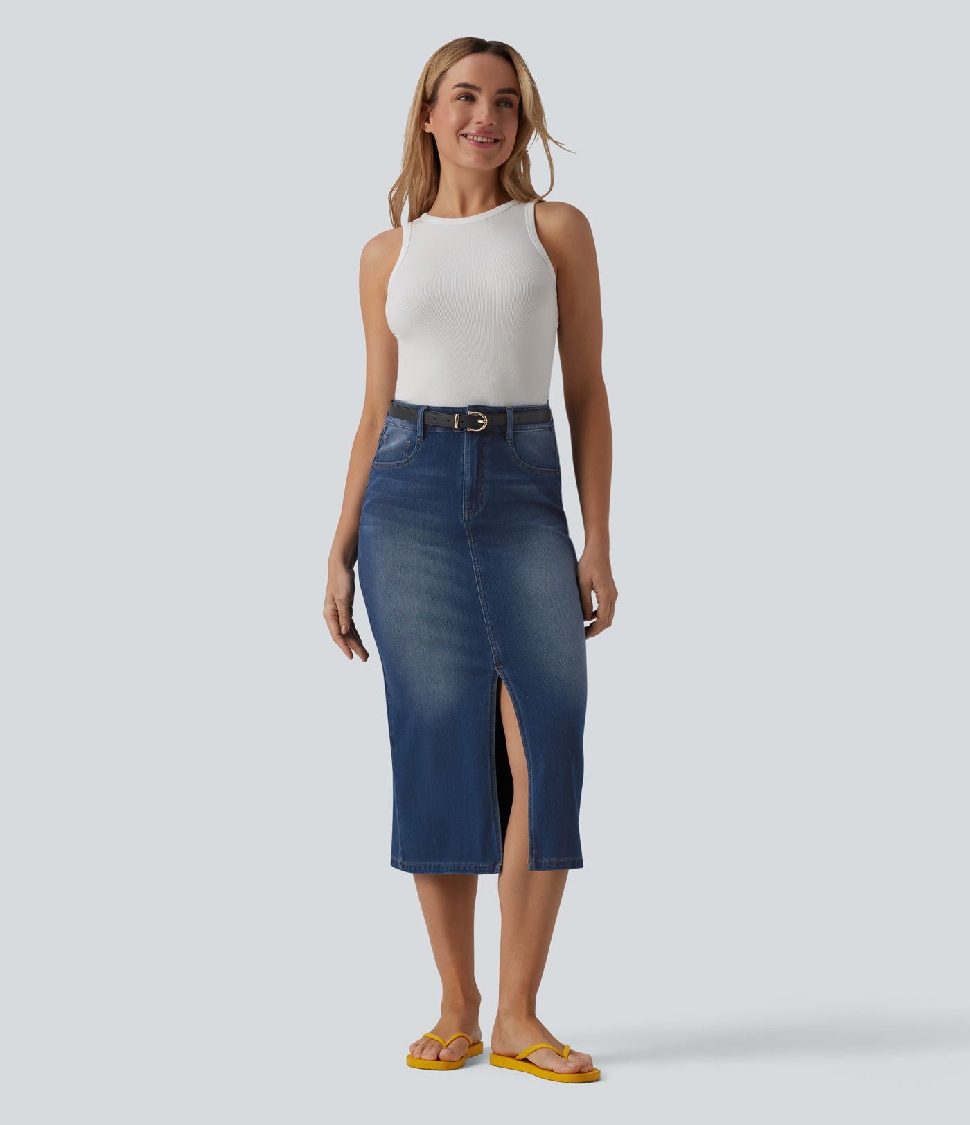 Halara Flex™ Jupe droite midi en denim taille haute avec fente et poches