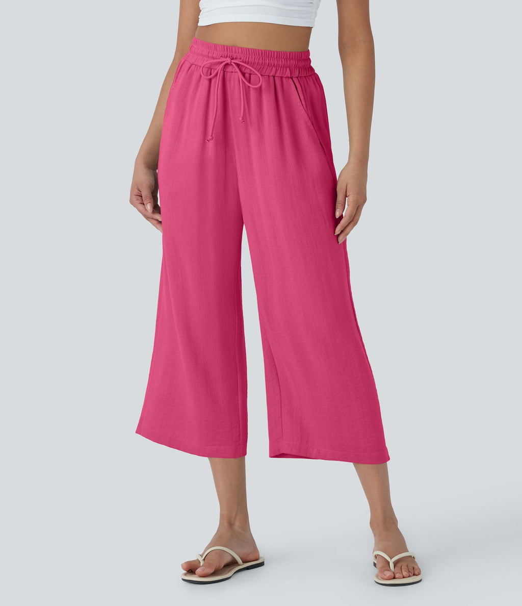 Pantalon décontracté aspect lin 7/8 à taille haute, jambe large avec cordon de serrage et poches latérales