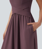 Robe maxi fluide dos nu, avec brassière intégrée et poches