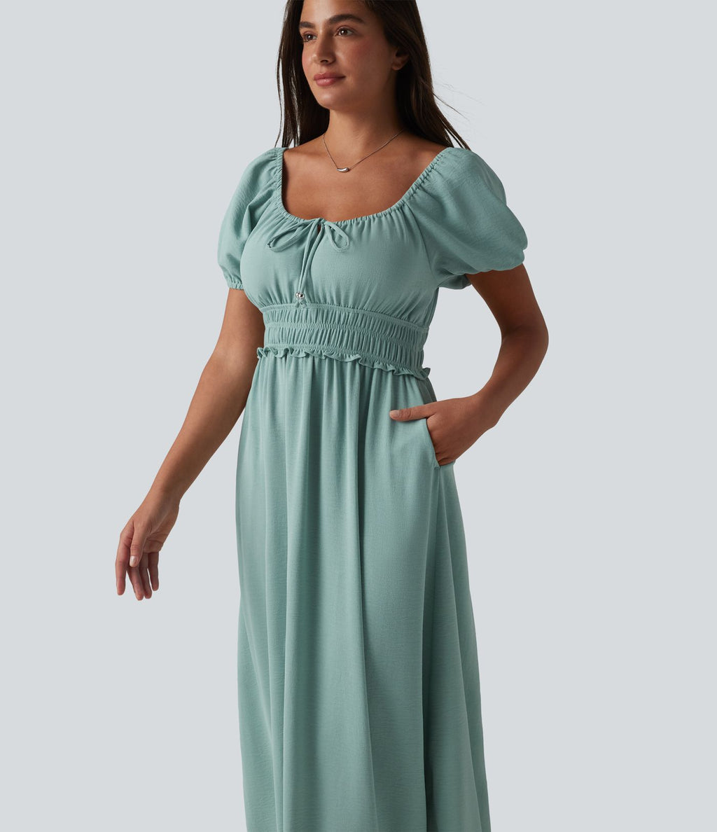 Robe longue fluide et décontractée en lin, à col carré, manches bouffantes, soutien-gorge intégré froncé et poches