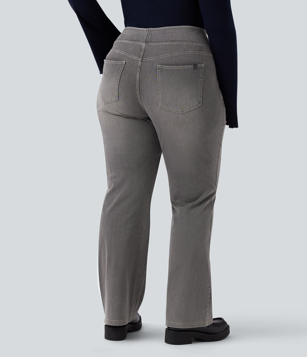 Jean décontracté Halara Flex™ grande taille bootcut taille haute en maille extensible délavée avec multiples poches