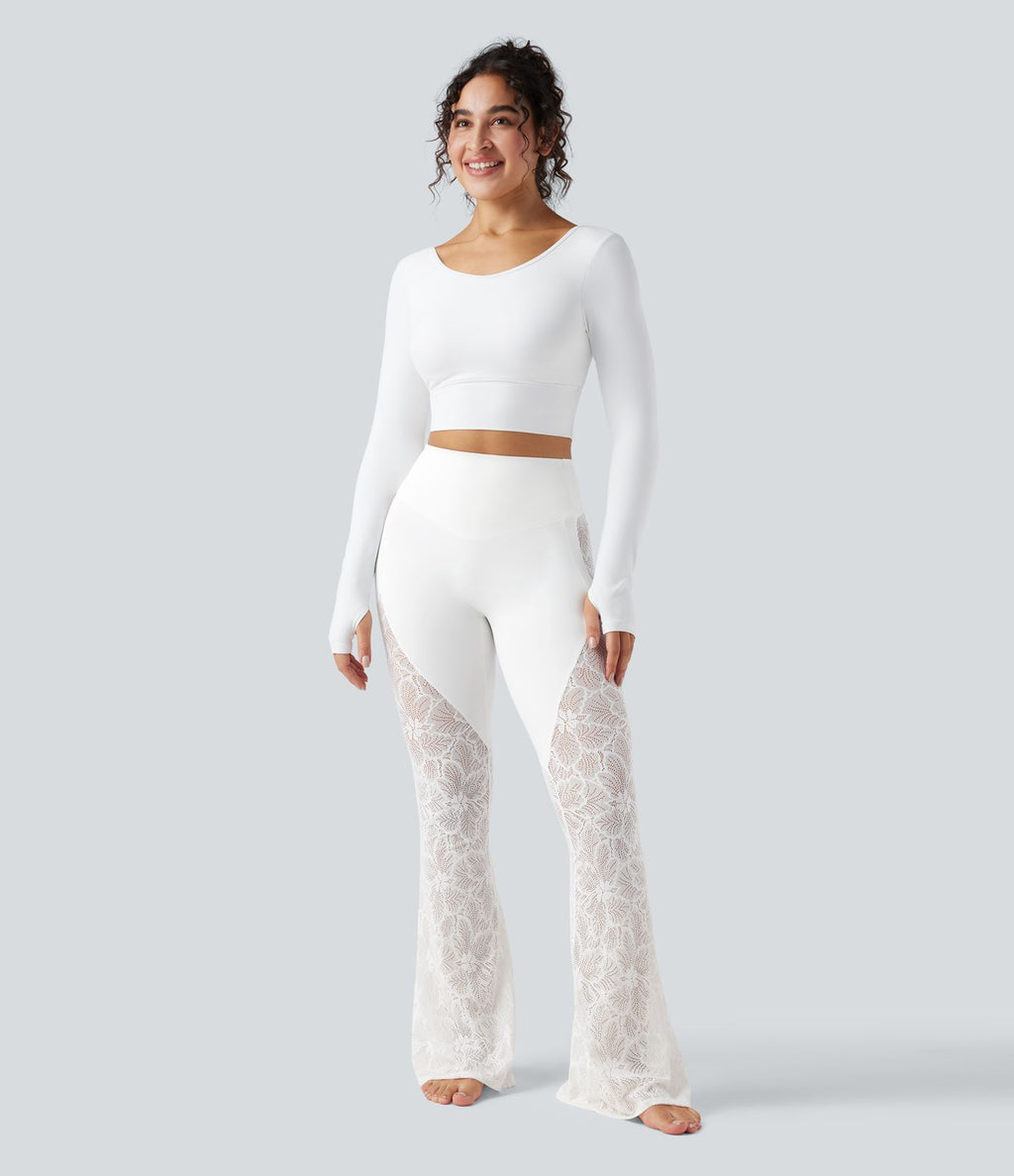 Pantalon de yoga évasé gainant taille haute avec dentelle contrastée et poche Halara UltraSculpt™