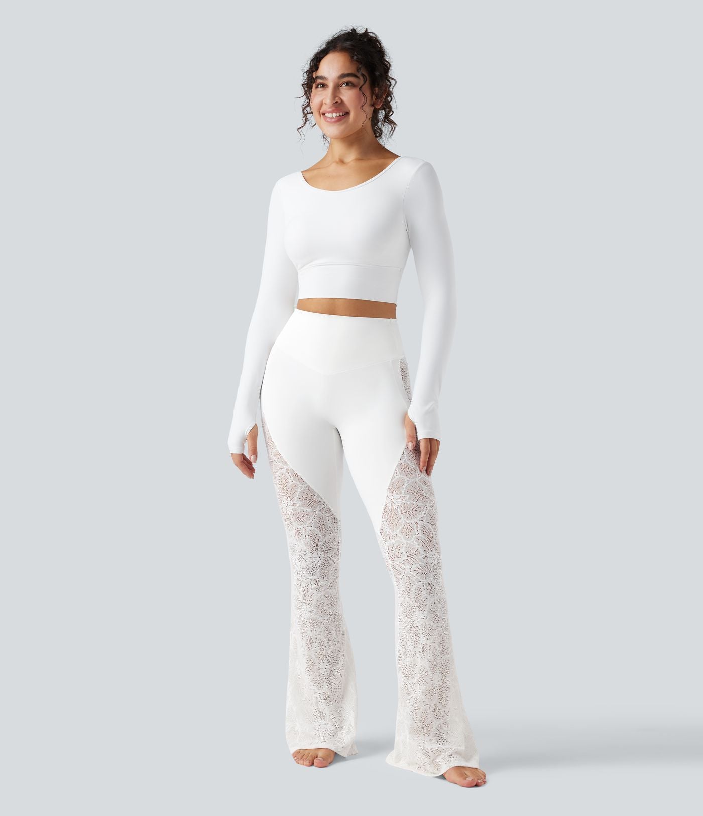 Pantalon de yoga évasé gainant taille haute avec dentelle contrastée et poche Halara UltraSculpt™