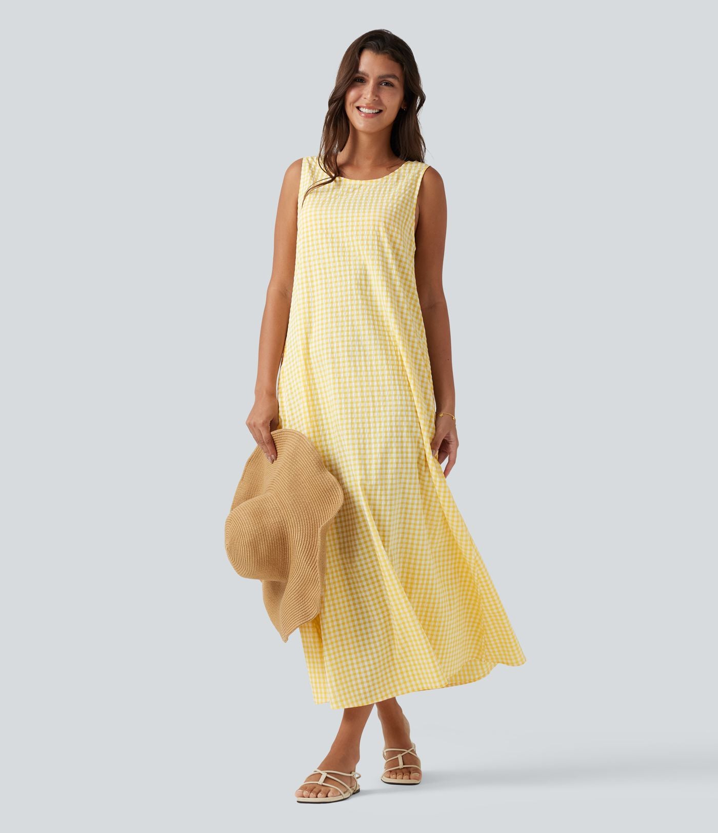 Robe débardeur midi décontractée col rond sans manches en vichy froissé avec poches