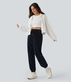 Pantalon décontracté chenille gaufré taille haute avec cordon de serrage et poches