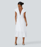 Breezeful™ Robe Midi Séchage Rapide Demoiselle d'Honneur et Invitée de Mariage Encolure en V Profond Manches Papillon Dos Nu Nœud Poches Latérales Ourlet à Volants