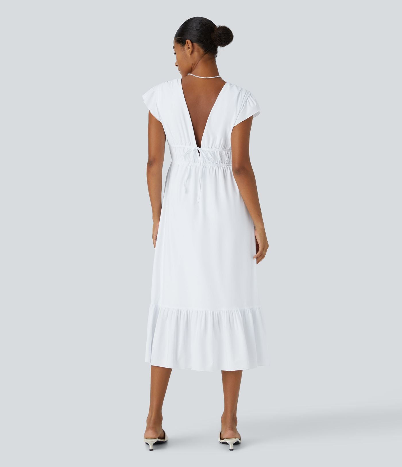 Breezeful™ Robe Midi Séchage Rapide Demoiselle d'Honneur et Invitée de Mariage Encolure en V Profond Manches Papillon Dos Nu Nœud Poches Latérales Ourlet à Volants