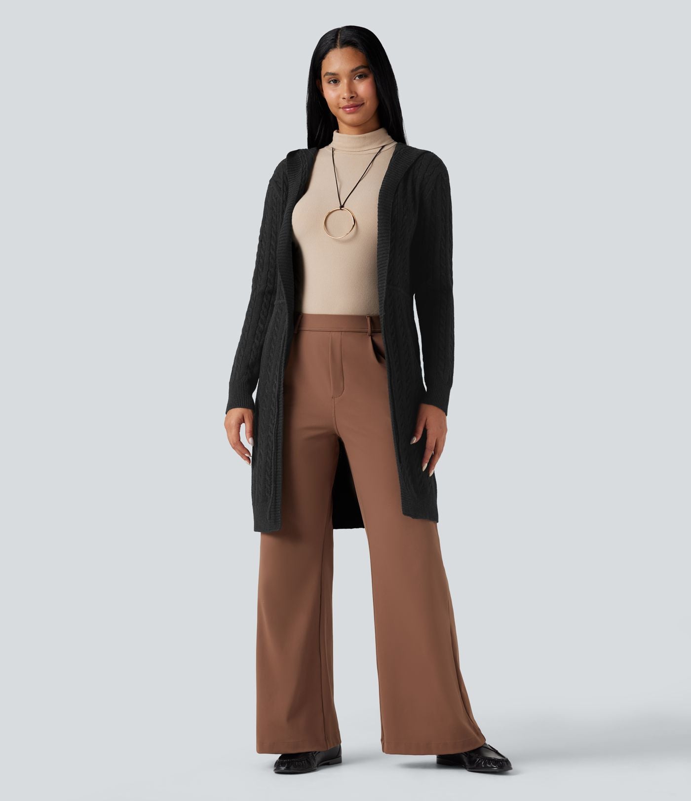Cardigan long à capuche cordon de serrage manches longues