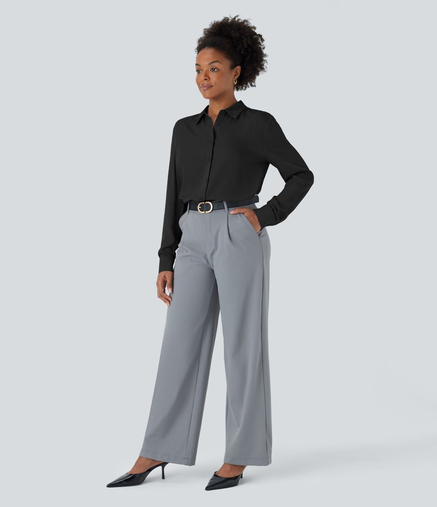 Chemise de travail à col, boutons, manches longues et plis