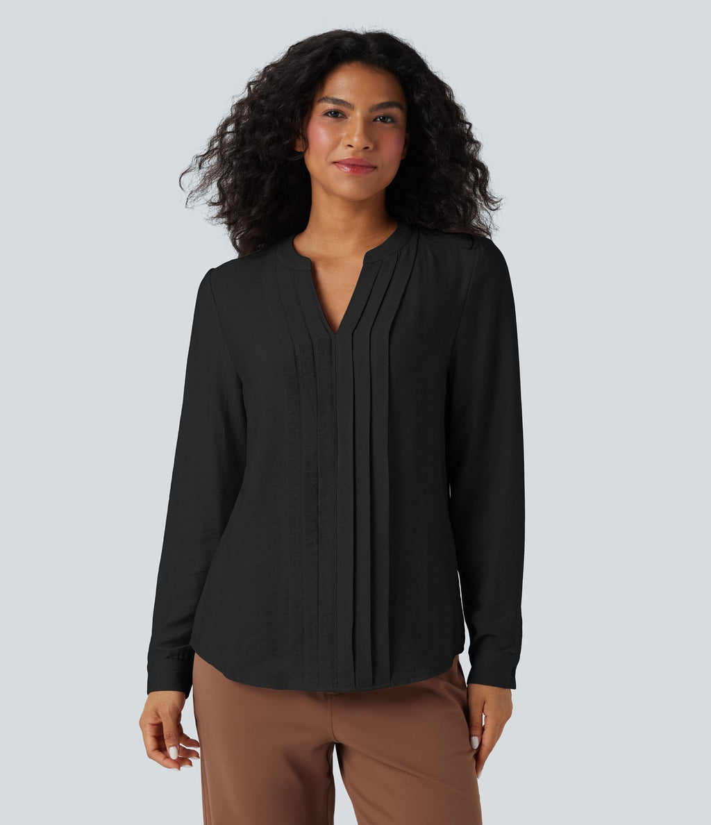 Blouse de travail manches longues col V à plis coupe décontractée