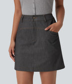 Jupe mini évasée casual 2-en-1 aspect denim taille haute avec poches