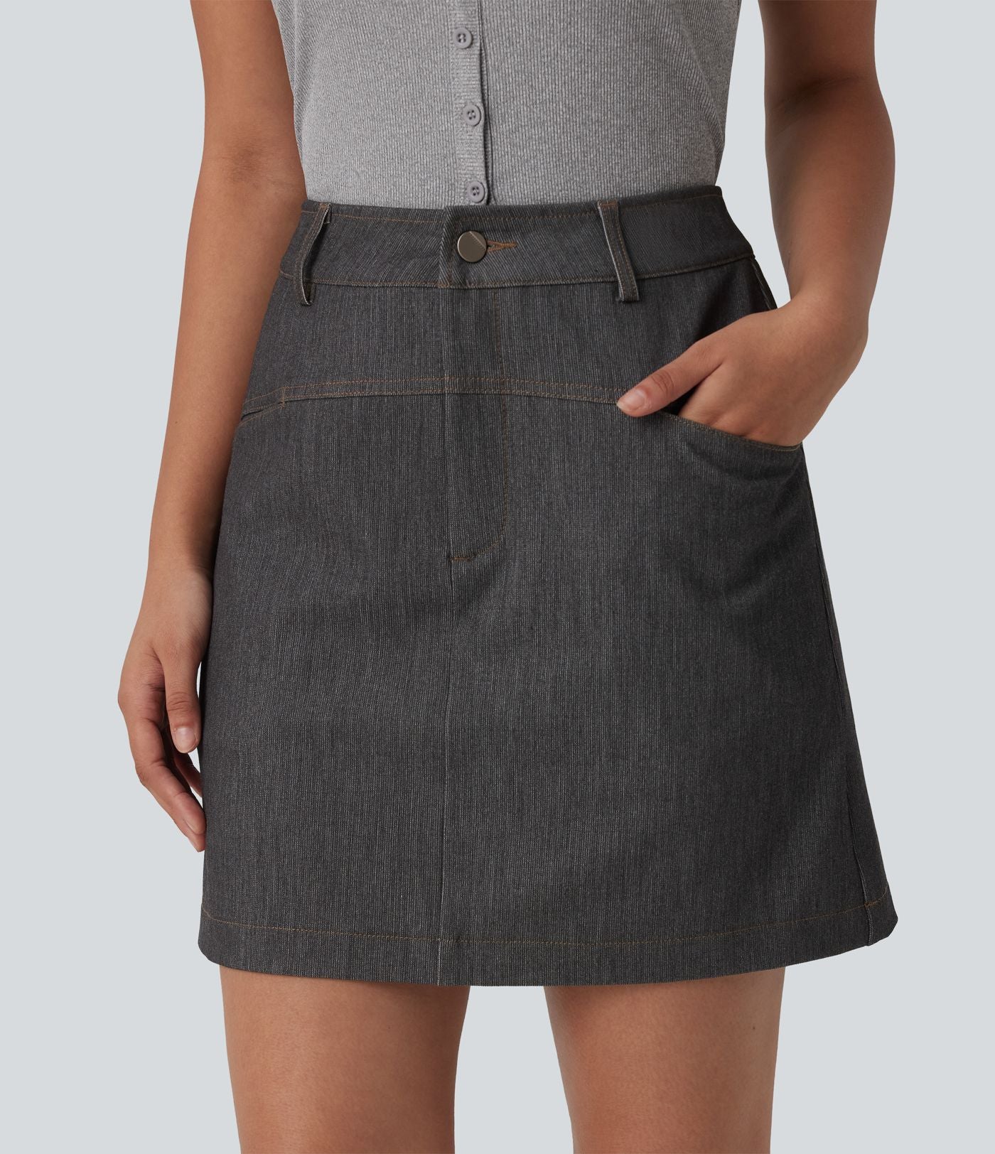 Jupe mini évasée casual 2-en-1 aspect denim taille haute avec poches