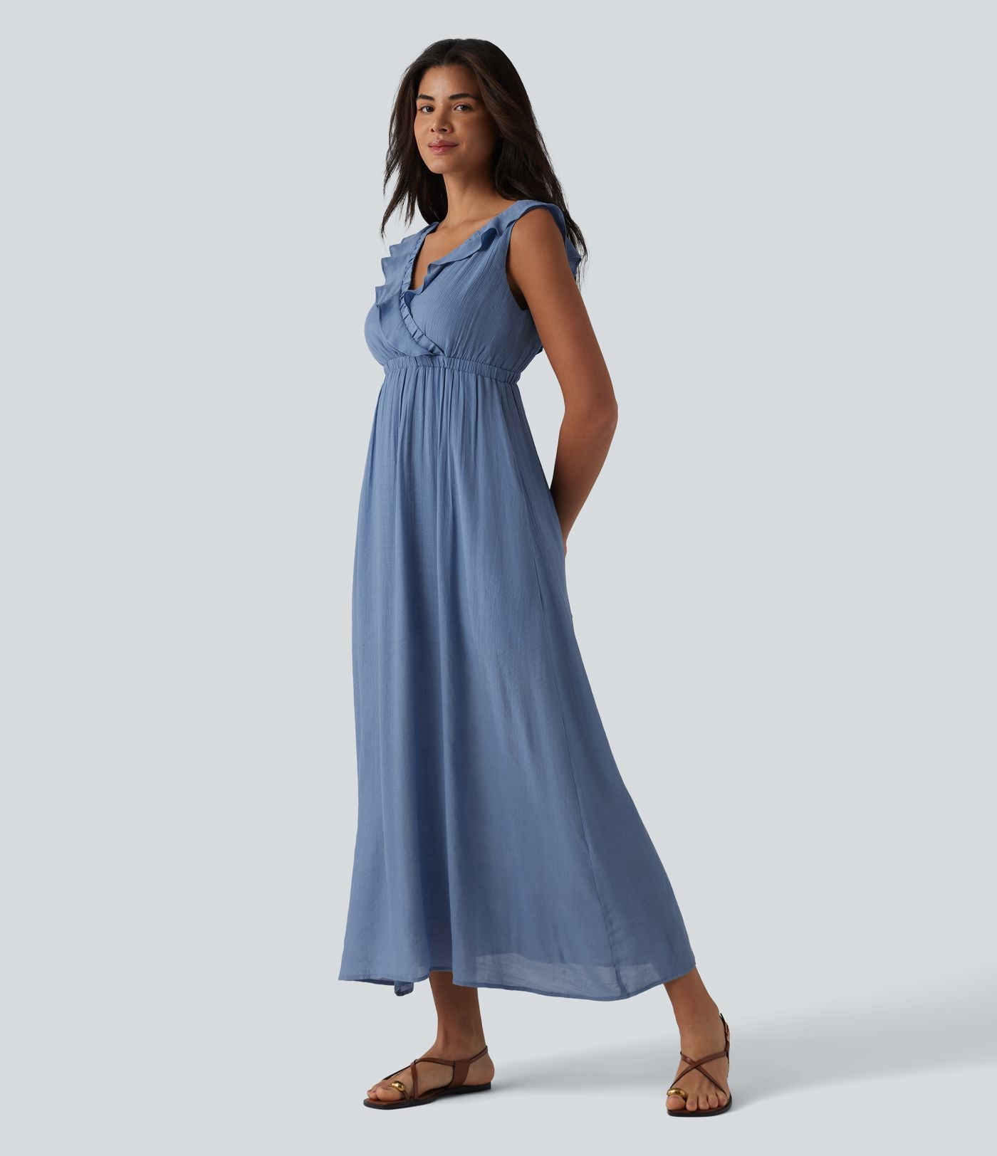 Robe fluide midi vacances col V sans manches dos nu à nouer volants avec poches