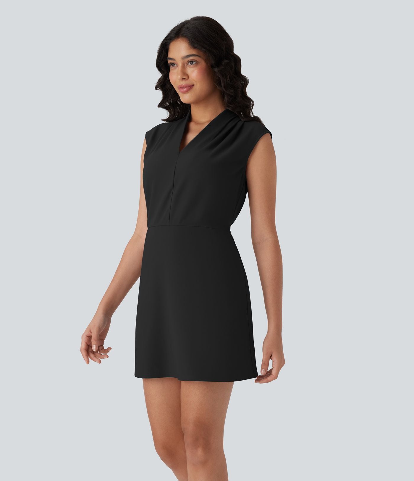 Robe de travail courte sans manches col V plissée Halara Flex™ micro gaufré avec poches