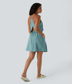 Breezeful™ Robe Casual Plissée à Bretelles Réglables Mini Dos Nu Découpée Poche Latérale Séchage Rapide