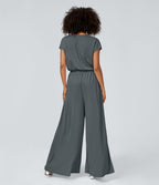 Combinaison Casual Col en V Jambes Large Plissée Manches Courtes Poche Latérale Gaufrée Fluide