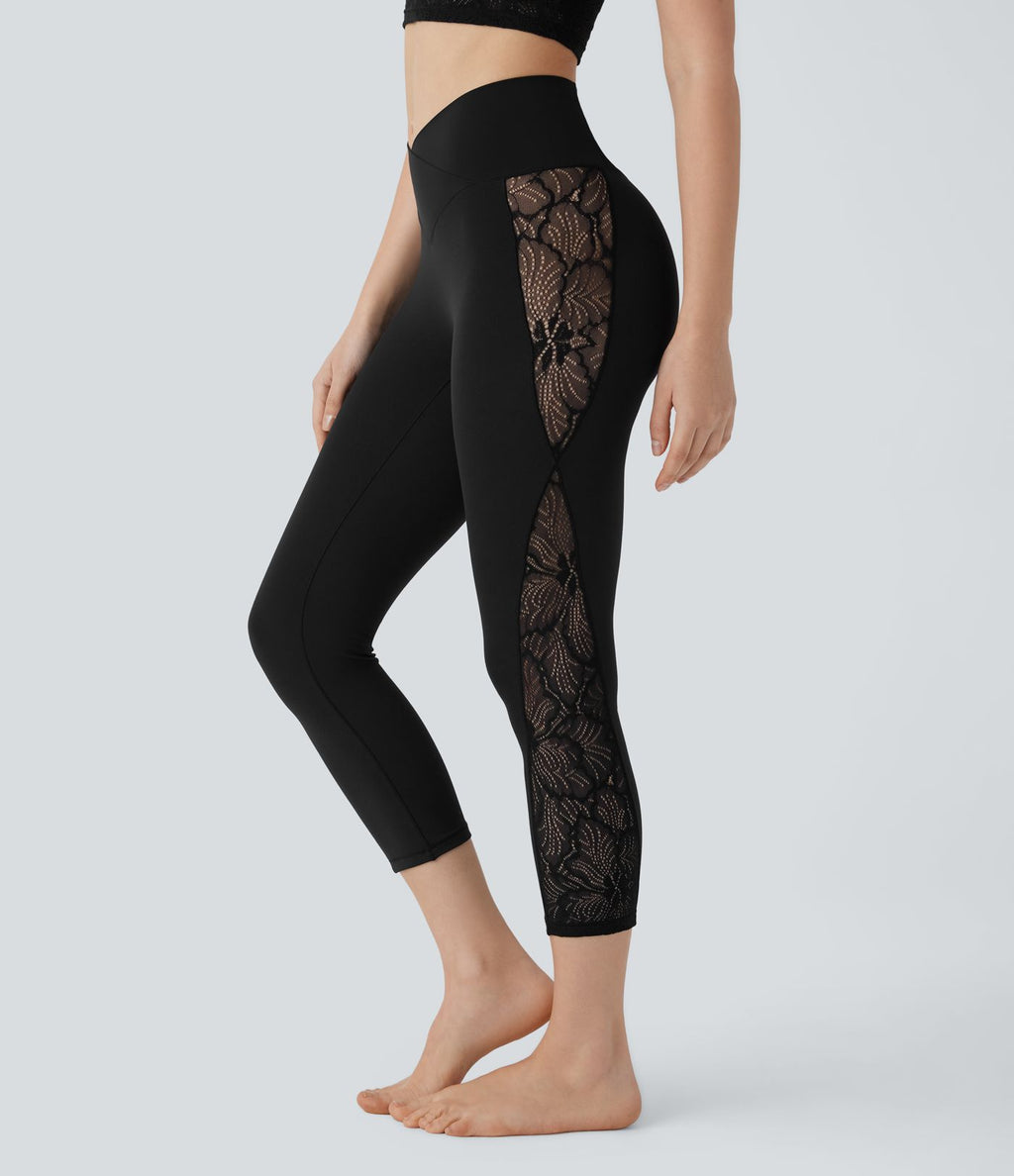 Legging corsaire de yoga taille haute croisé avec dentelle contrastée - Protection UPF50+
