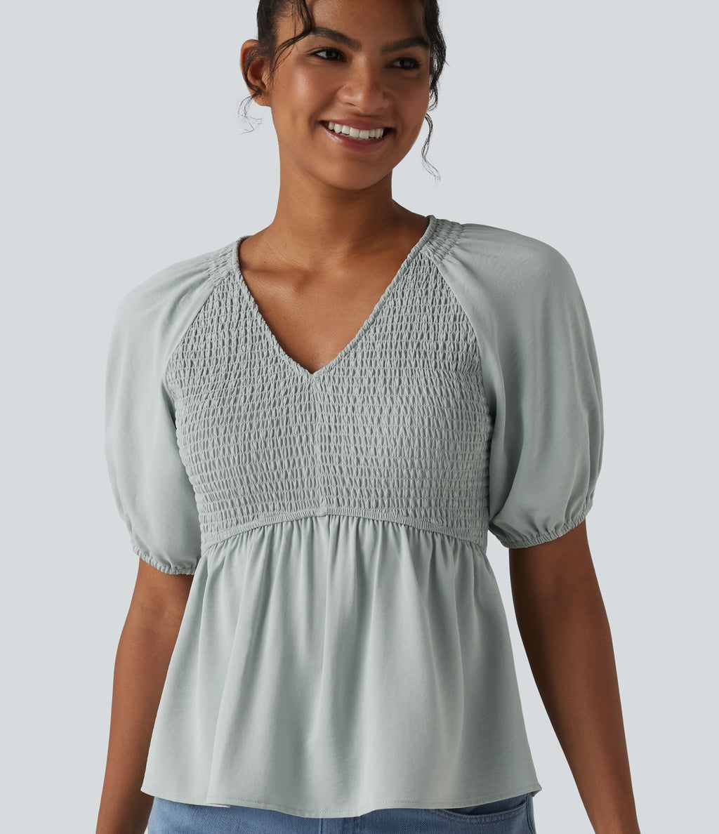 Blouse décontractée col V manches courtes bouffantes avec fronces