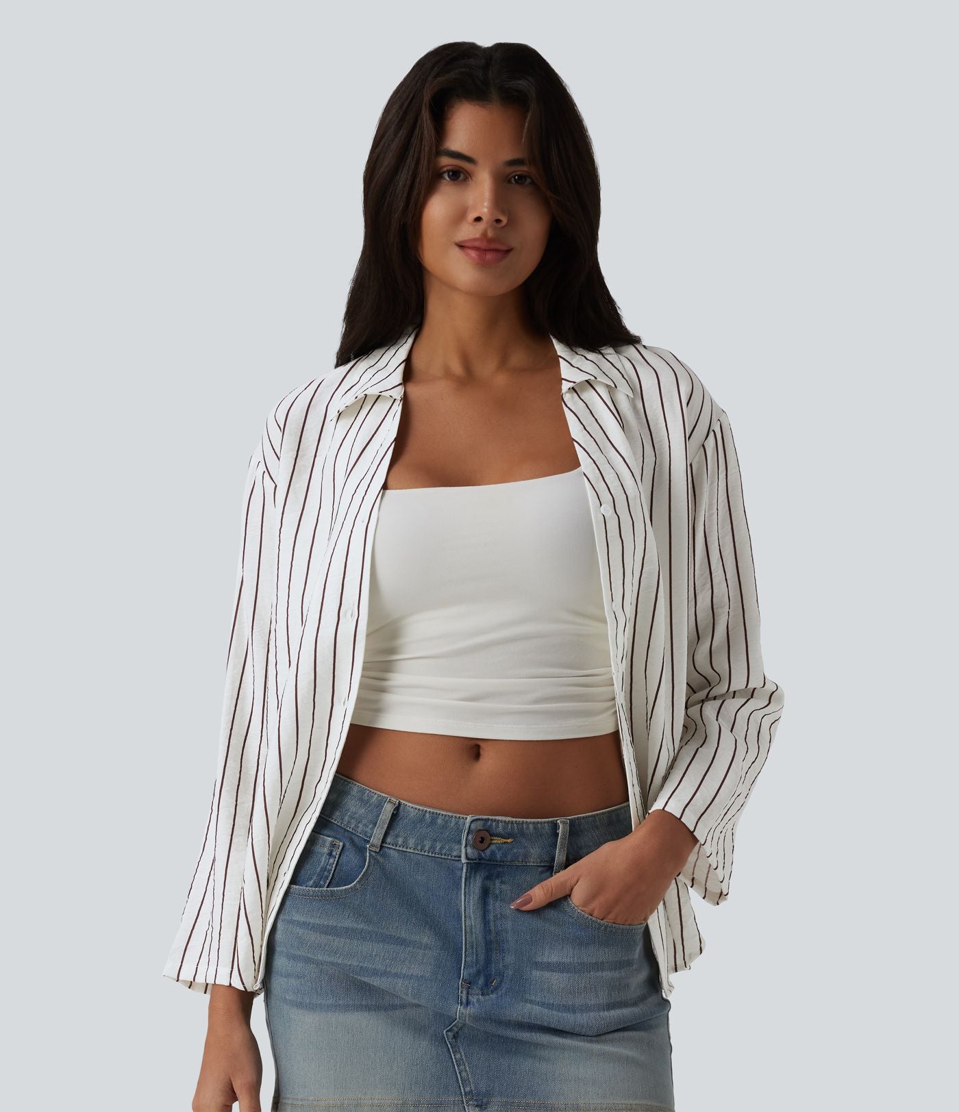 Chemise casual à rayures aspect lin col V manches longues retroussables et ourlet arrondi