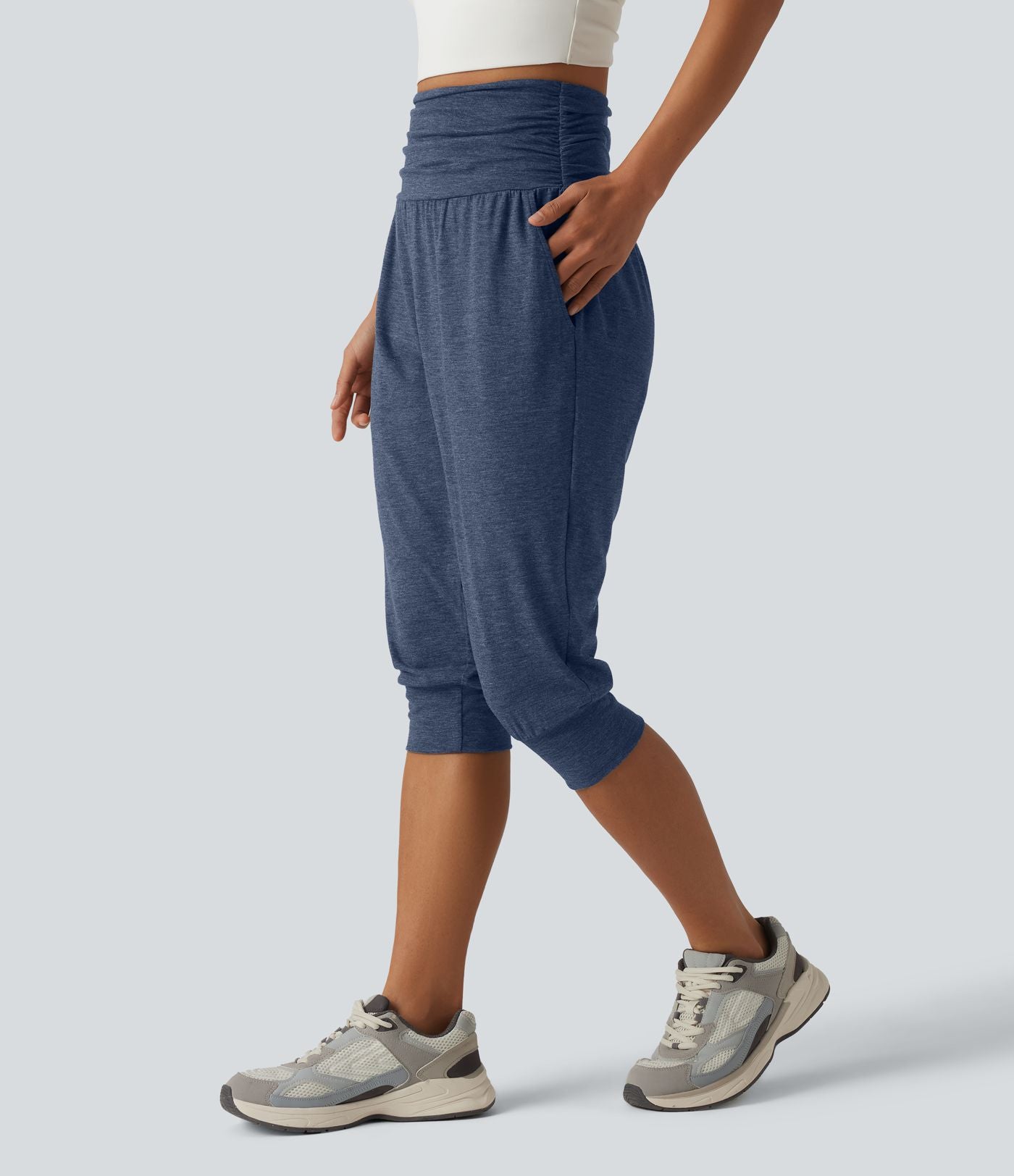 Jogging yoga corsaire chiné taille haute à fronces avec poches