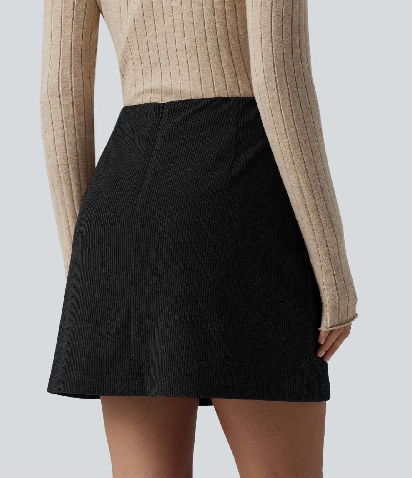 Jupe-short décontractée taille haute en velours côtelé avec zip arrière et fentes - Longueur plus longue