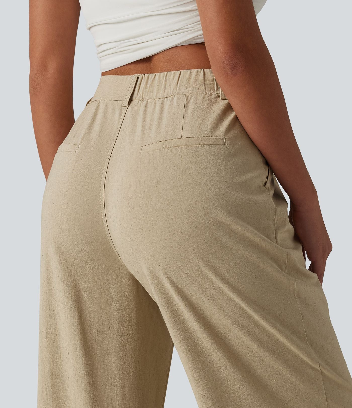 Pantalon taille haute casual en lin stretch coupe droite avec poches