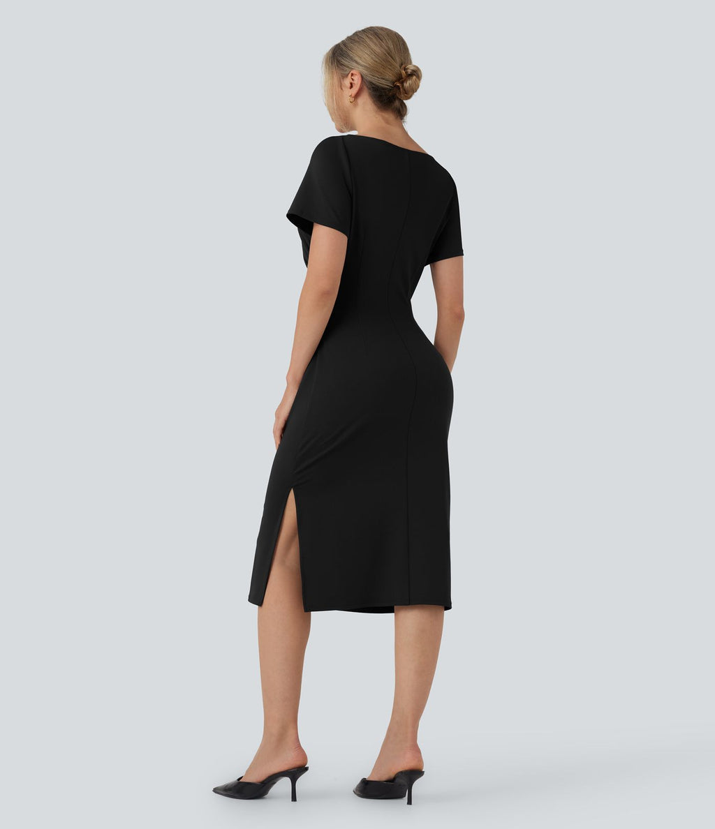 Robe tailleur mi-longue moulante manches courtes froncée