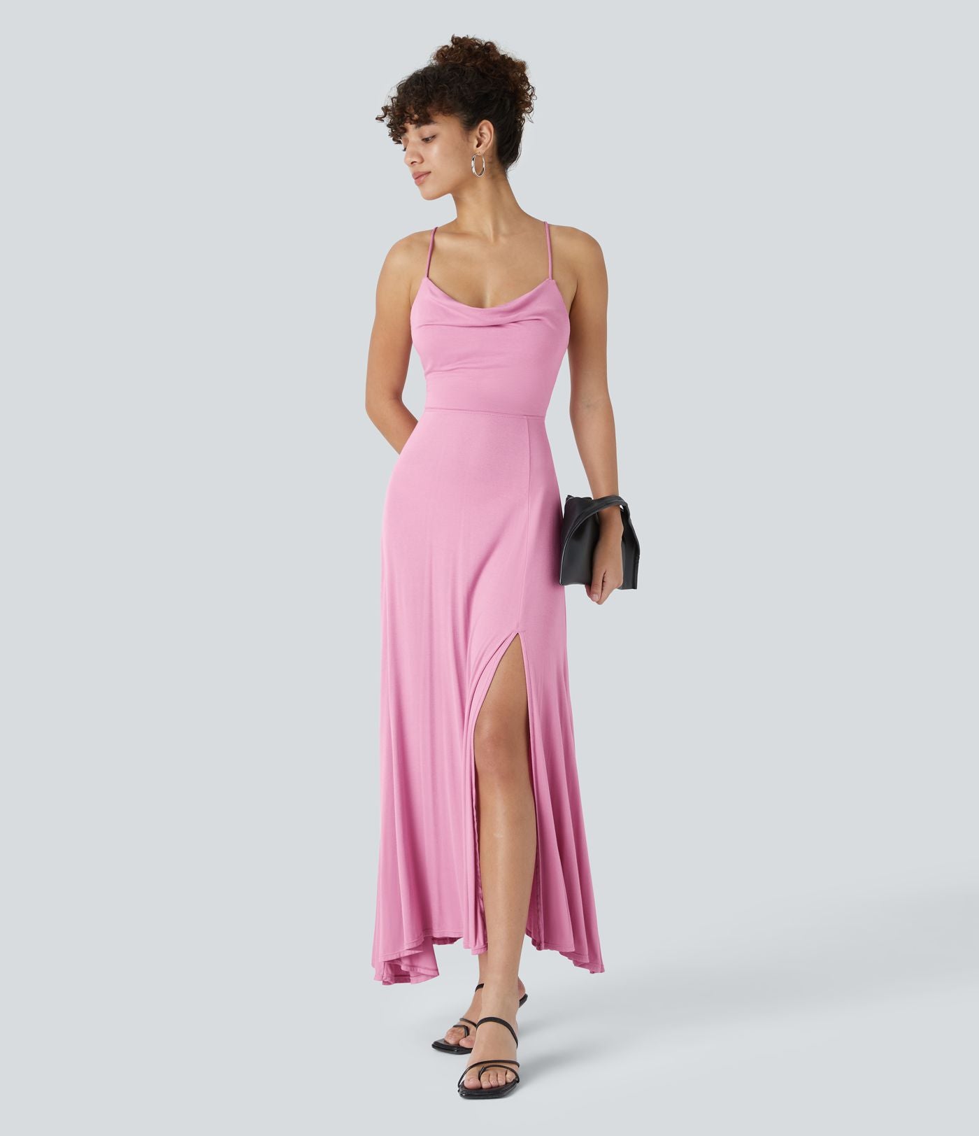 Robe Soirée Midi Encolure Côtelée Dos Nu Lacets Croisés Fendue
