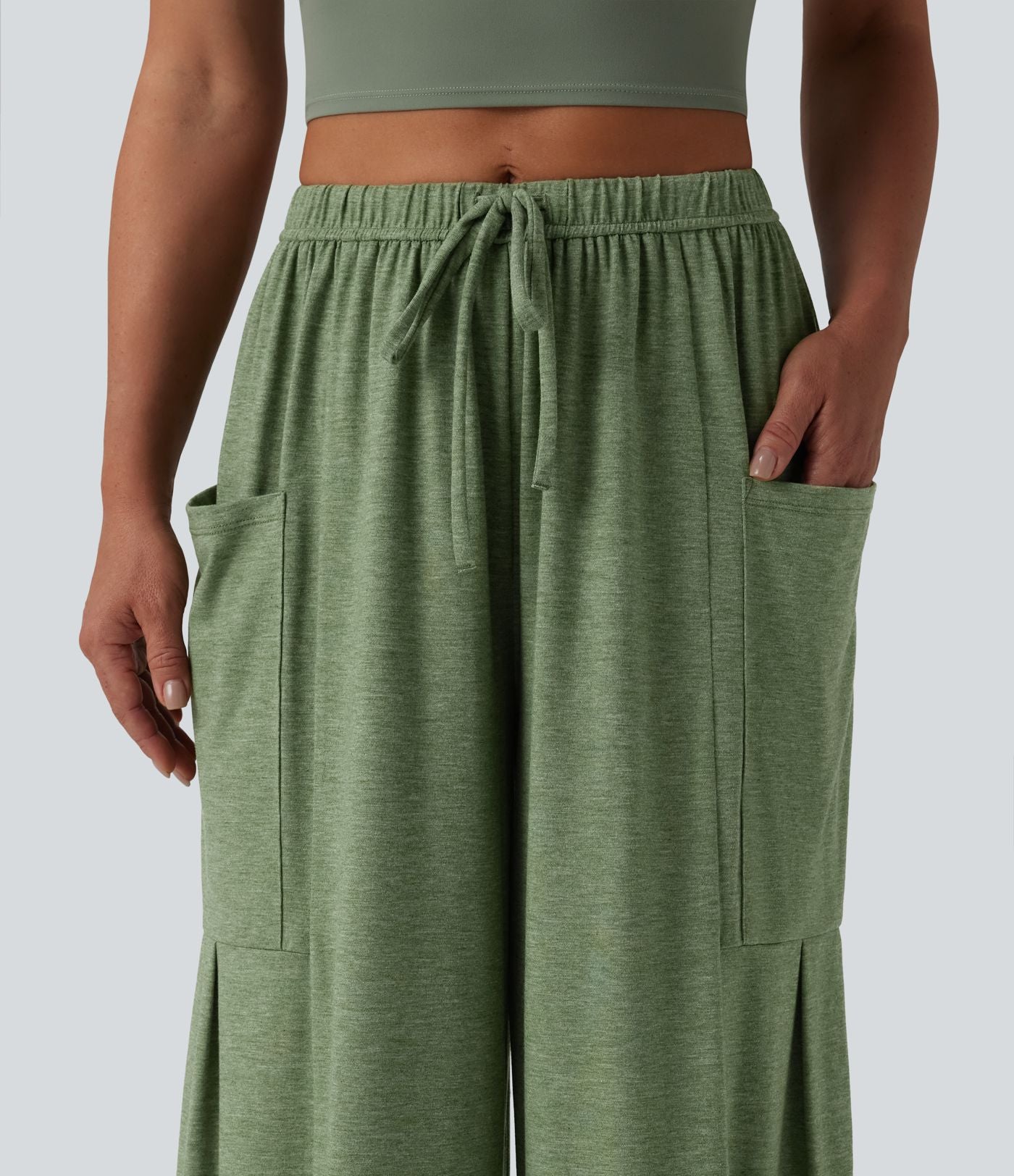 Pantalon large décontracté chiné taille mi-haute avec cordon de serrage avec poches