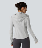 Veste de randonnée à capuche, manches longues, passants pouces et zip avec poches - UPF40+