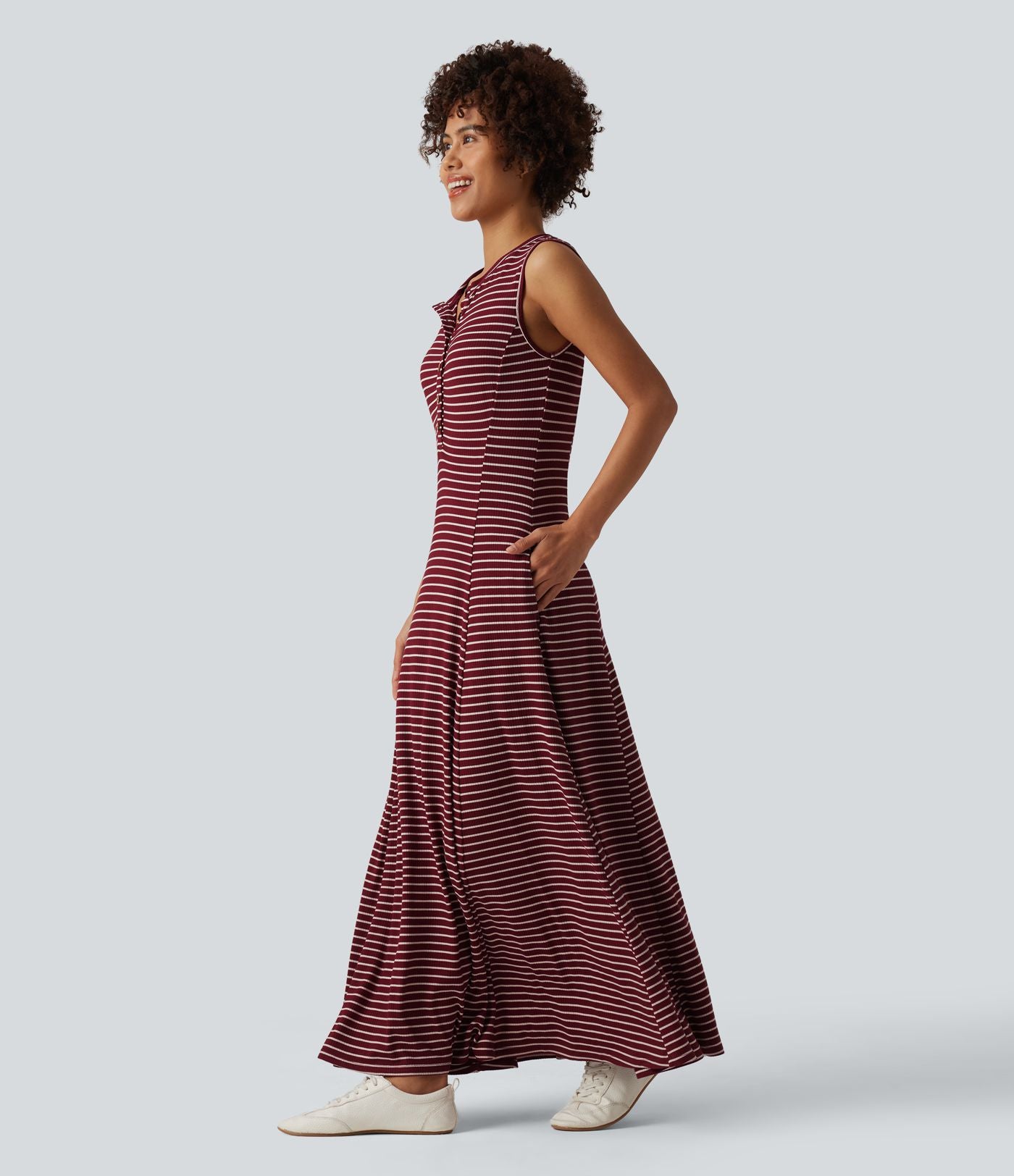 Robe longue fluide casual Henley sans manches à rayures avec poches