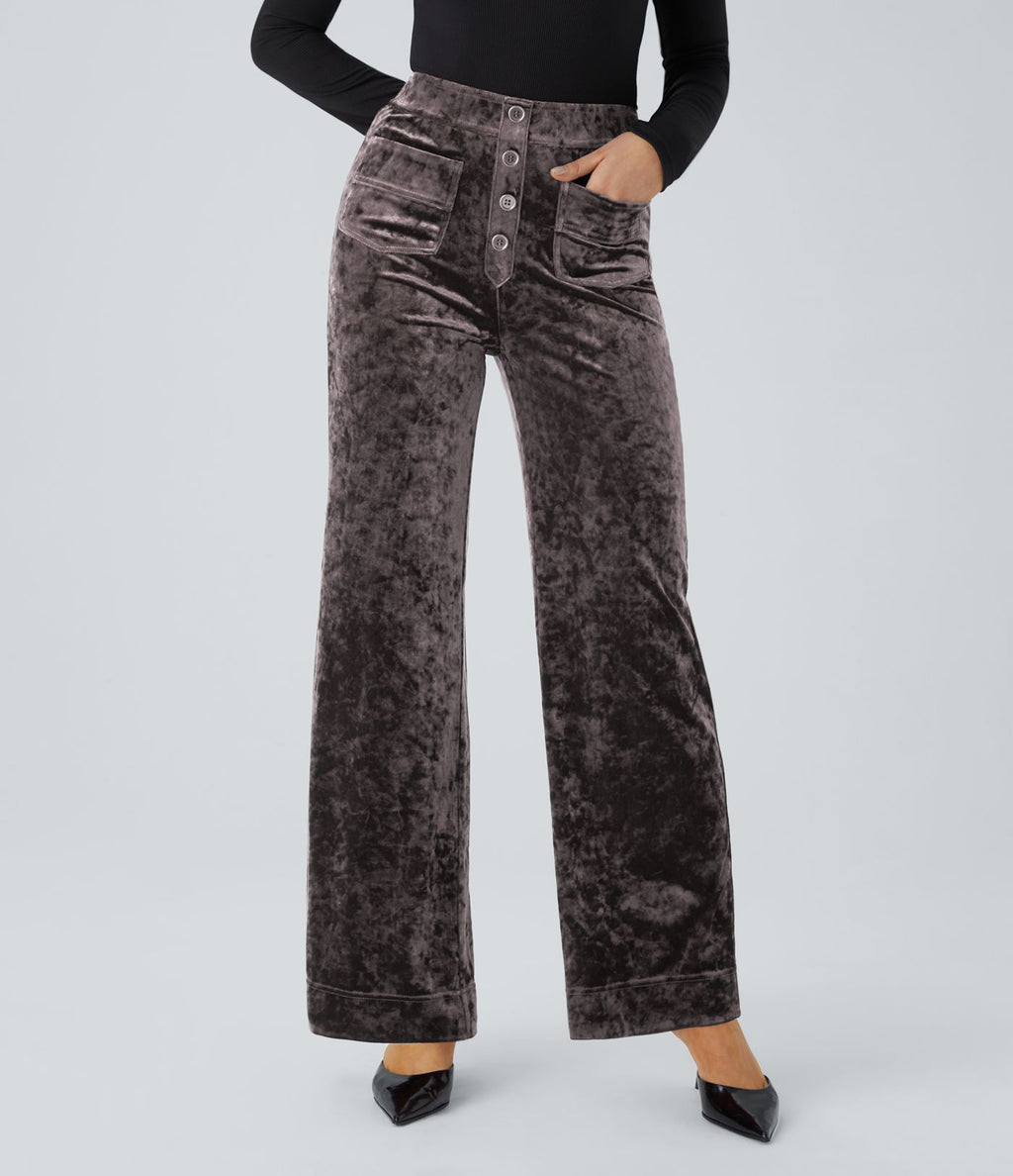 Pantalon Casual en Velours Taille Haute avec Bouton Multipoches Droites