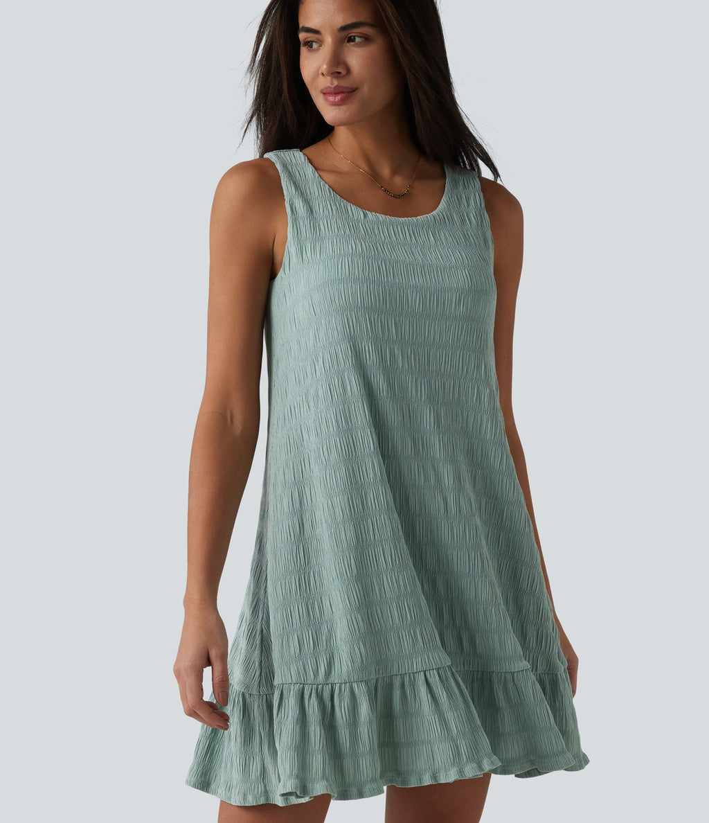 Robe courte décontractée sans manches à col rond, soutien-gorge intégré et ourlet à volants