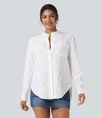 Chemise décontractée manches longues ourlet arrondi avec poche