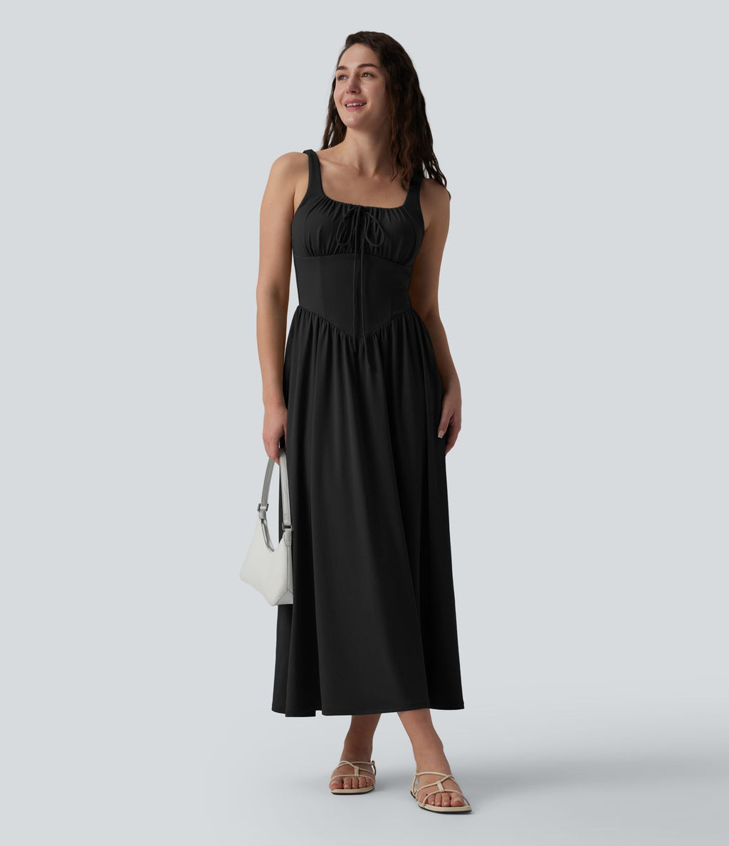 Robe midi fluide casual col carré à corset et nœud devant avec poches