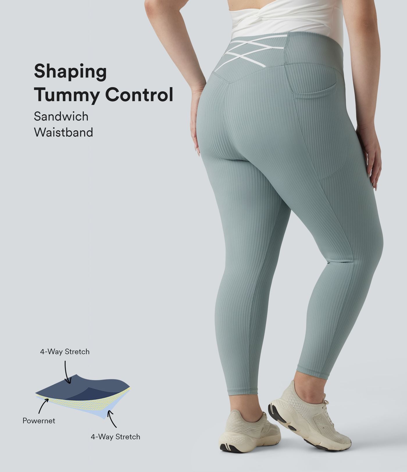 Legging sport grande taille en maille côtelé, effet ventre plat, taille haute avec poches
