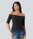 T-shirt décontracté Halara Cotton Jersey épaules dénudées à manches mi-longues, bretelles amovibles et coussinets amovibles, bonnets B à E