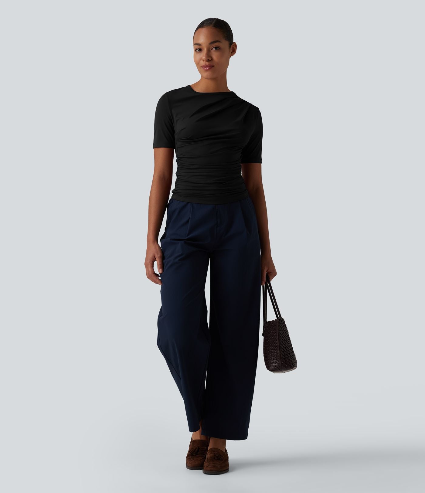 T-shirt décontracté asymétrique manches courtes froncé