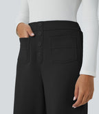 Pantalon Jogging en Fleece Thermique Jambe Droite Boutons Taille Haute Plusieurs Poches