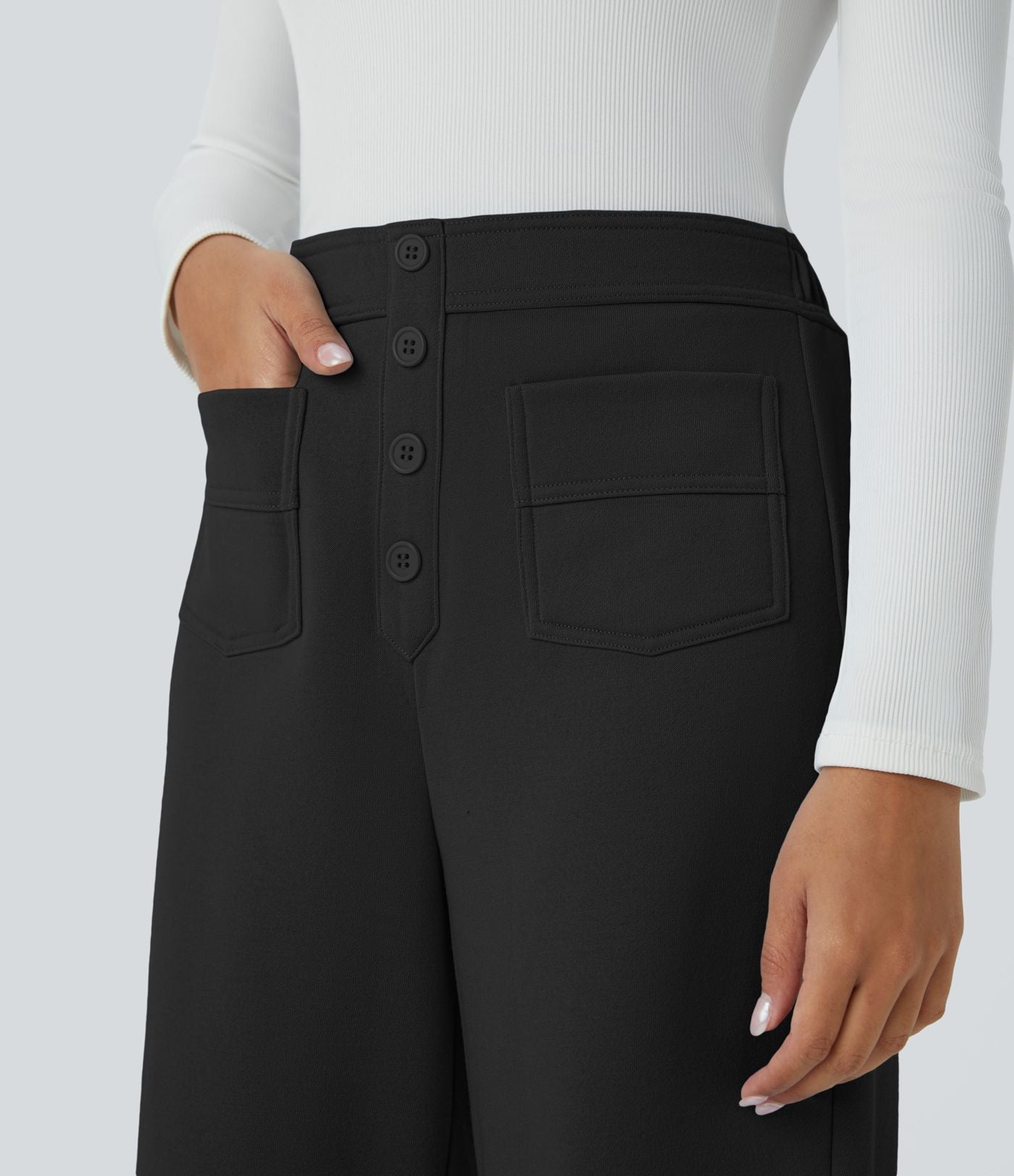 Pantalon Jogging en Fleece Thermique Jambe Droite Boutons Taille Haute Plusieurs Poches